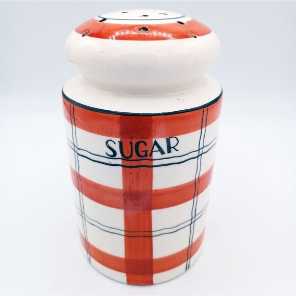 Sugar Shaker Red Plaid Vintage 5 Inch Crazed Ceramic Hand Painted Stopper - Picture 1 of 16